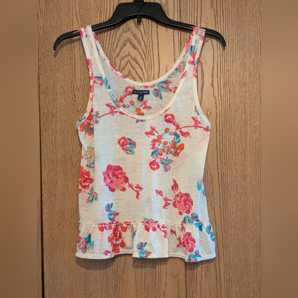 American Eagle Cream Ruffled Fitted Tank Top